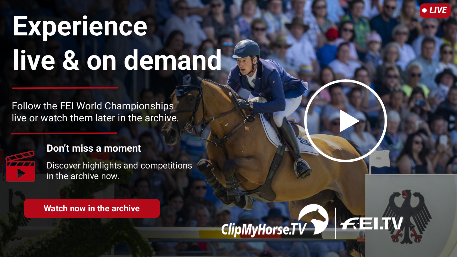 Jumping rider clearing an obstacle with an embedded live and on-demand graphic for the FEI World Championships on ClipMyHorse.TV and FEI.TV.