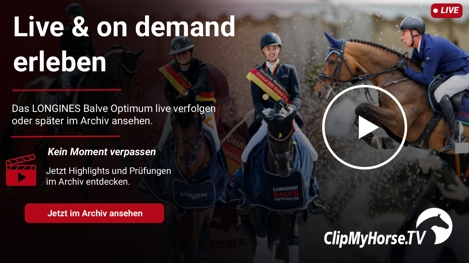 Springreiter und Deutsche Meister zu Pferd mit eingeblendeter Live- und On-Demand-Grafik zum LONGINES BALVE OPTIMUM auf ClipMyHorse.TV.