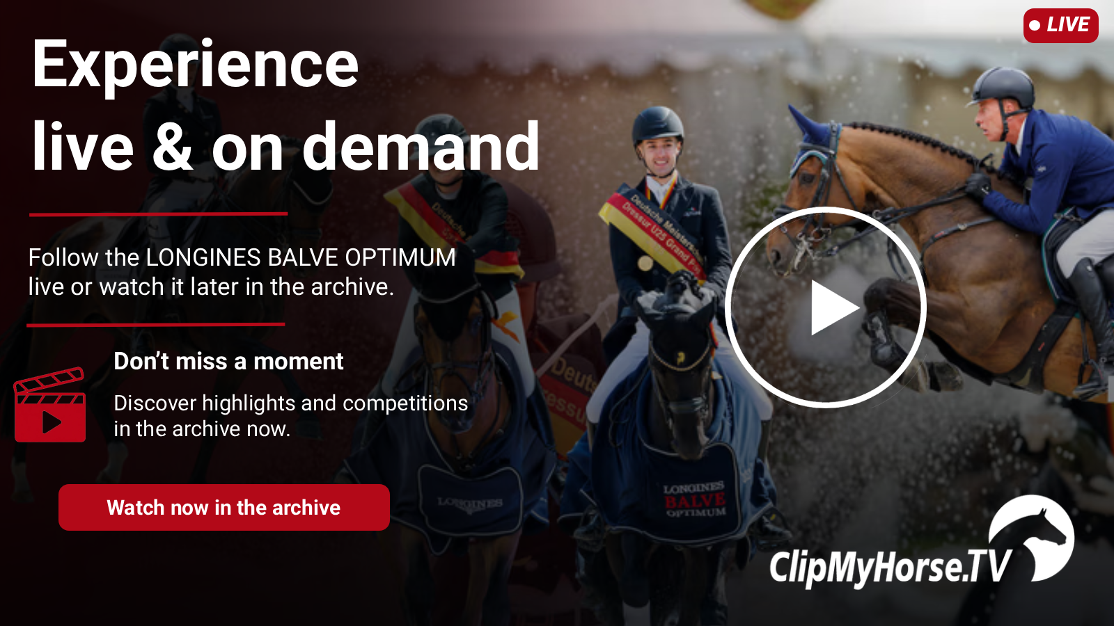 Show jumper and German champion on horseback with an embedded live and on-demand graphic for the LONGINES BALVE OPTIMUM on ClipMyHorse.TV.