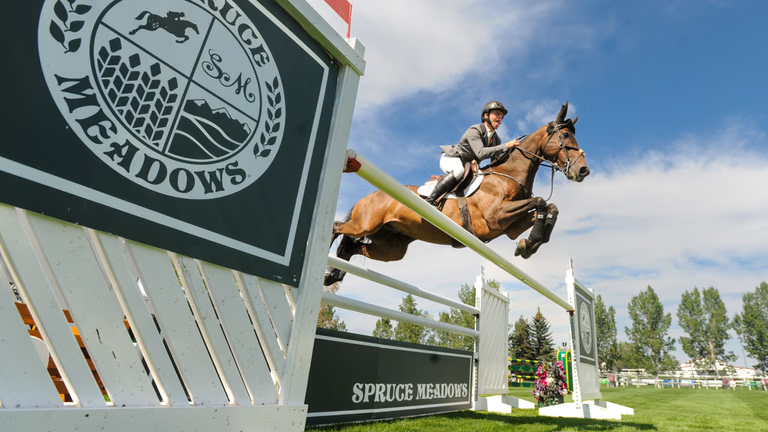 Springreiter auf braunem Pferd springt über ein Spruce-Meadows-Hindernis vor blauem Himmel und grüner Turnierkulisse.