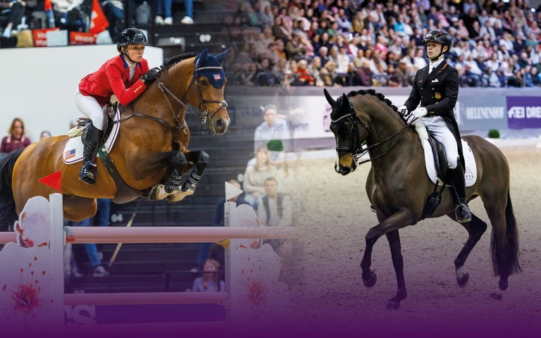 Springreiter mit Pferd über einem Hindernis beim Longines FEI Jumping World Cup™ Final in Fort Worth 2026.