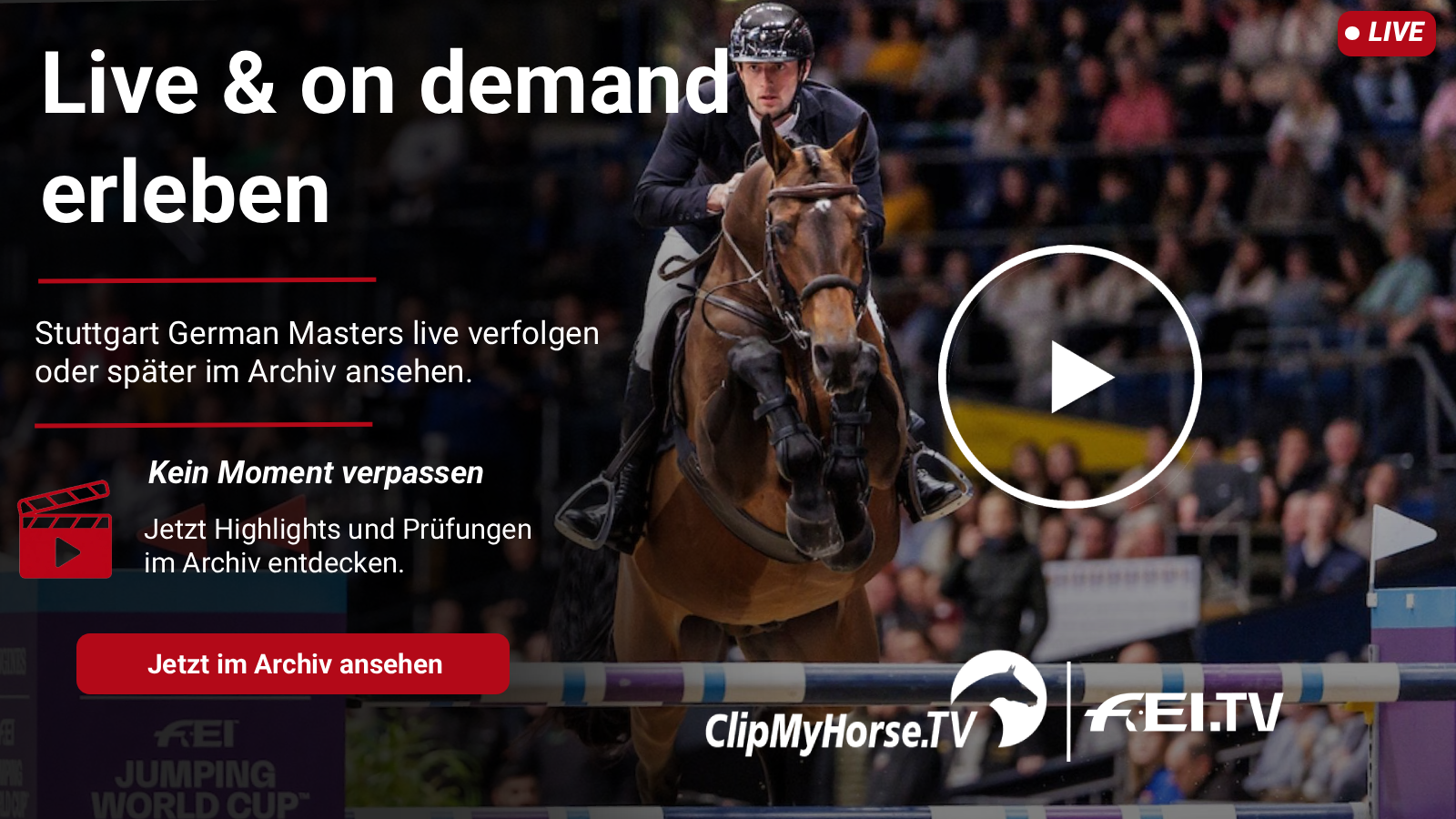 Springreiter in der Halle bei den Stuttgart German Masters mit Hinweis auf Live-&-on-Demand-Übertragung, Archiv und ClipMyHorse.TV/FEI.TV.