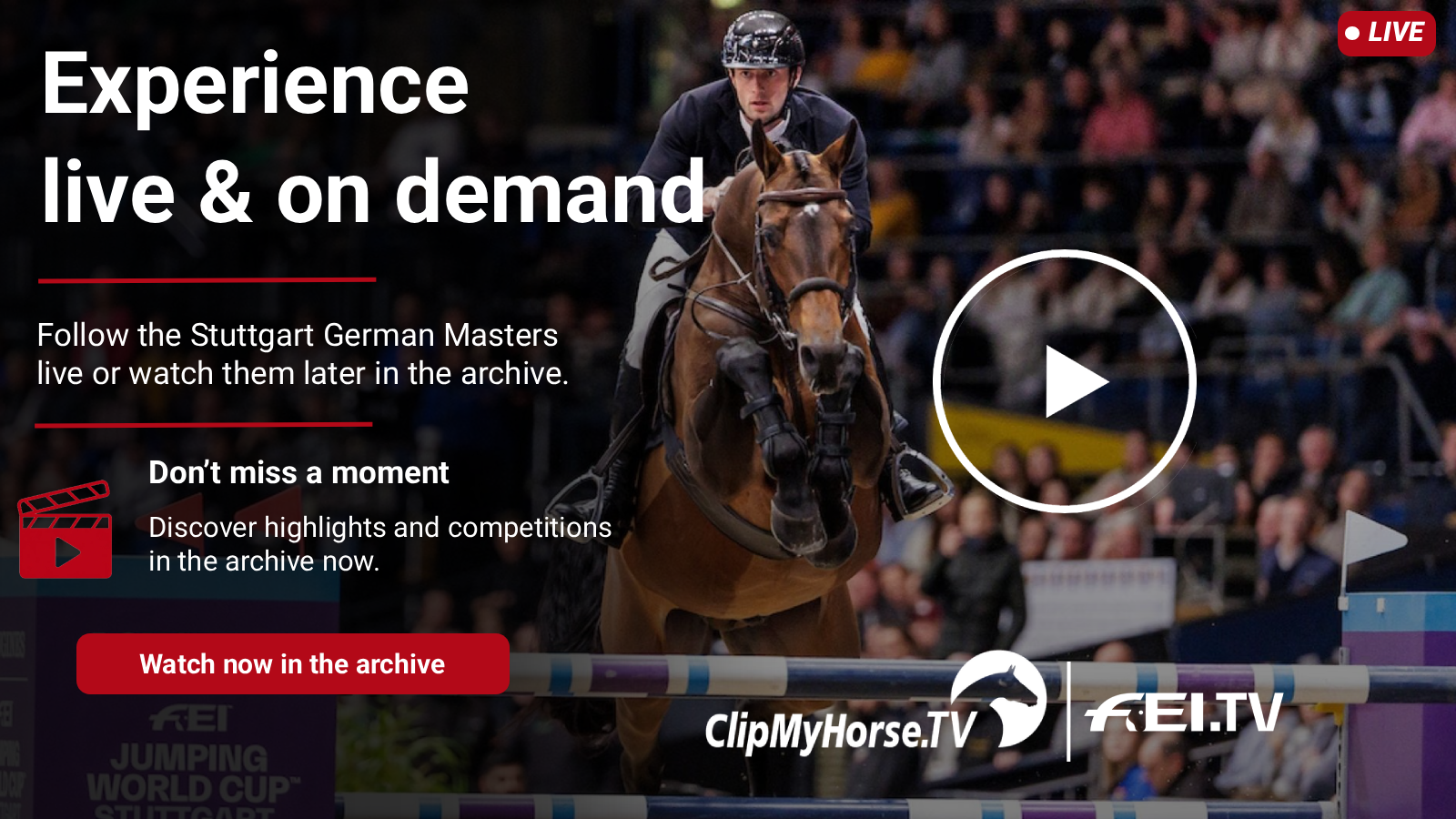 Show jumper at the Stuttgart German Masters with a live and on-demand graphic for ClipMyHorse.TV and FEI.TV.