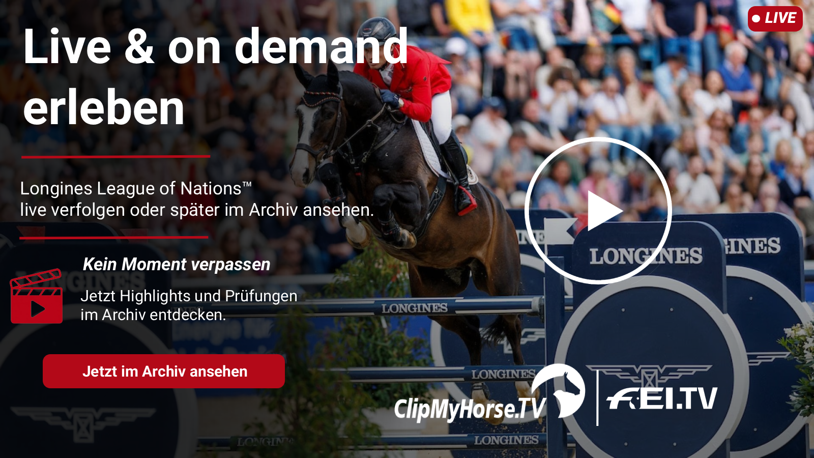 Springreiter bei der Longines League of Nations™ mit Live-&-On-Demand-Grafik von ClipMyHorse.TV und FEI.TV.