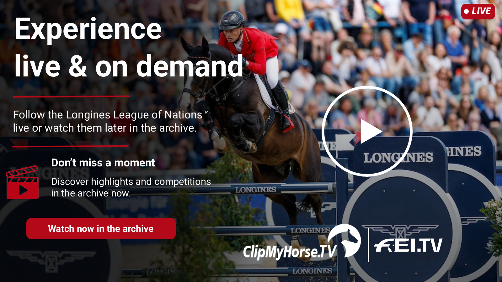 Show jumper at the Longines League of Nations™ with a ClipMyHorse.TV and FEI.TV live and on-demand graphic.