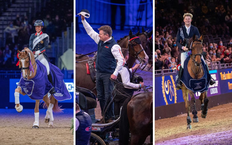 Drei Sieger der London International Horse Show feiern ihre Erfolge in den Disziplinen Dressur, Vierspännerfahren und Springreiten während der Siegerehrung im ExCeL London.