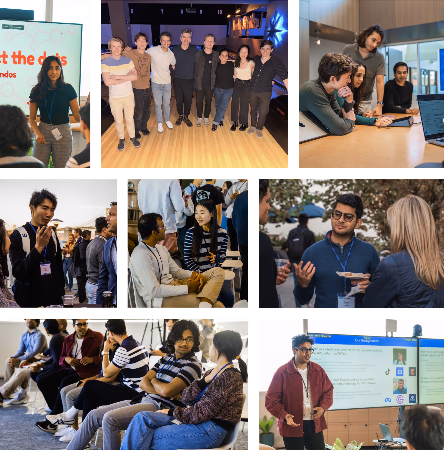 Collage of diverse people engaging in professional and social activities including presentations, discussions, and group gatherings.