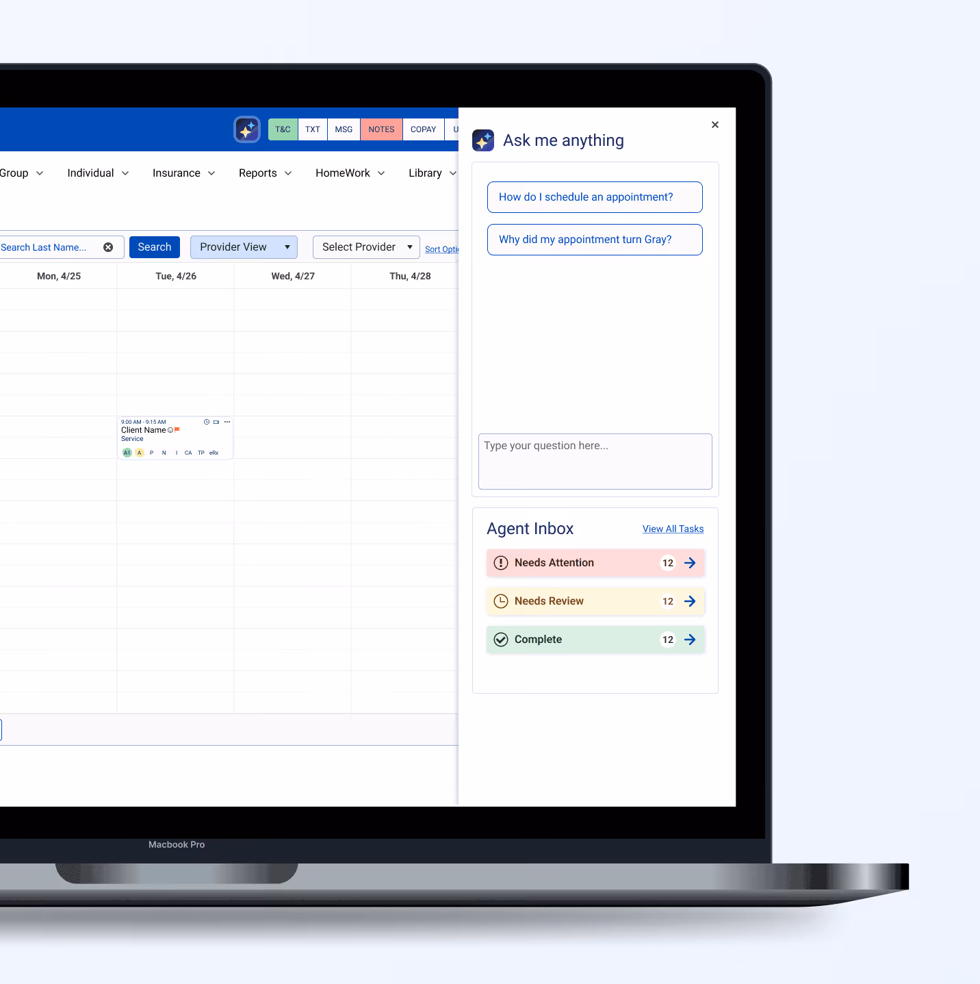 The agent side panel created within Therasoft's software