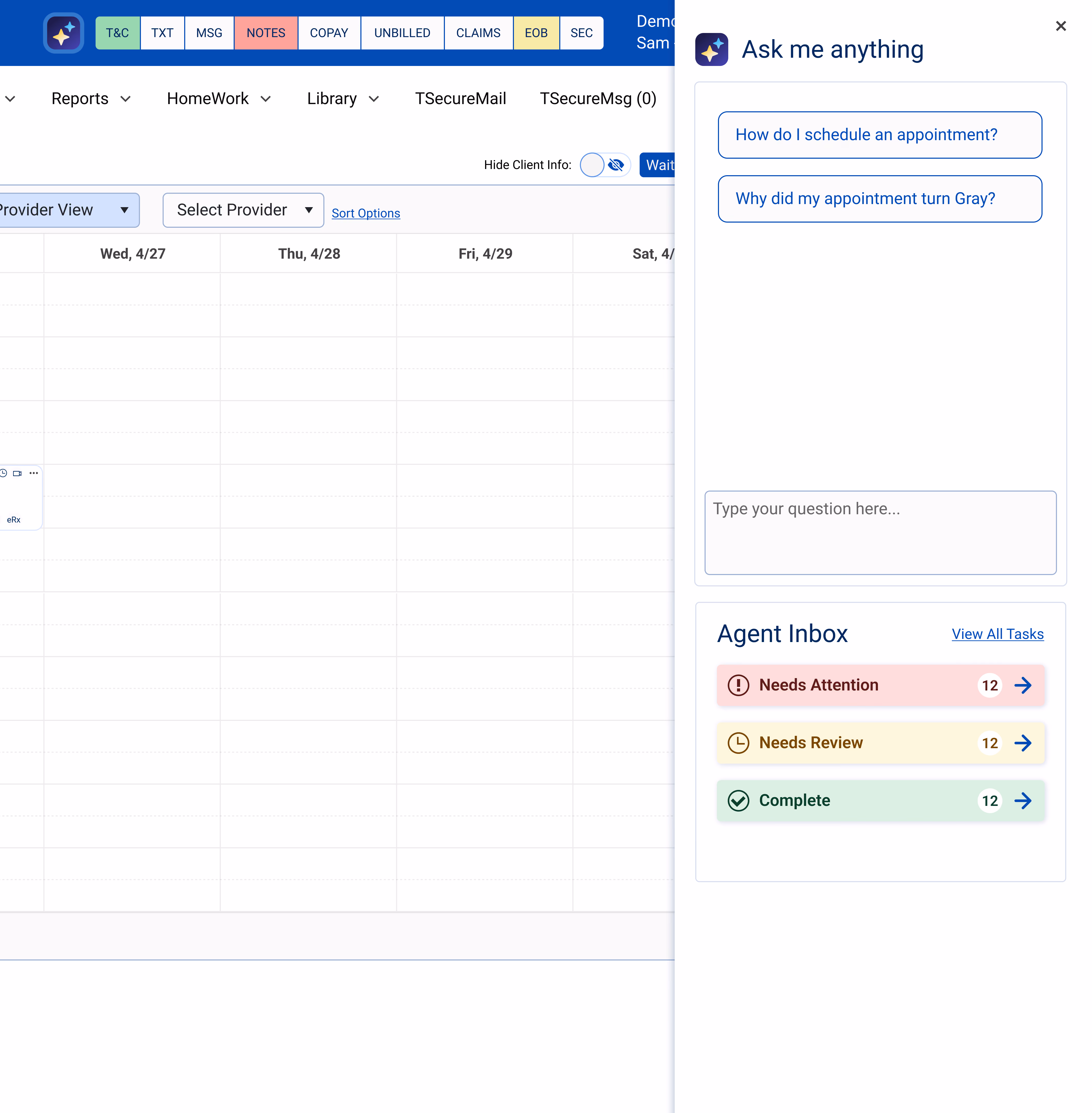 The agent side panel created within Therasoft's software