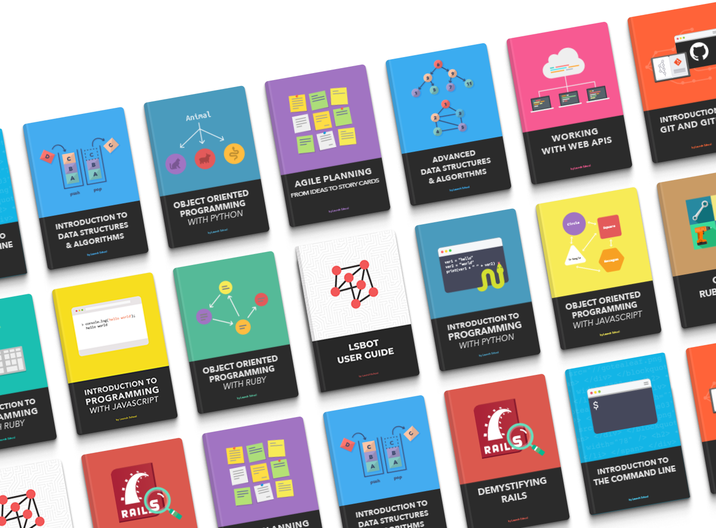 A variety of digital book covers from Launch School on programming topics such as data structures, object oriented programming in Python, Agile planning, web APIs, Git, Ruby, JavaScript, and command line.