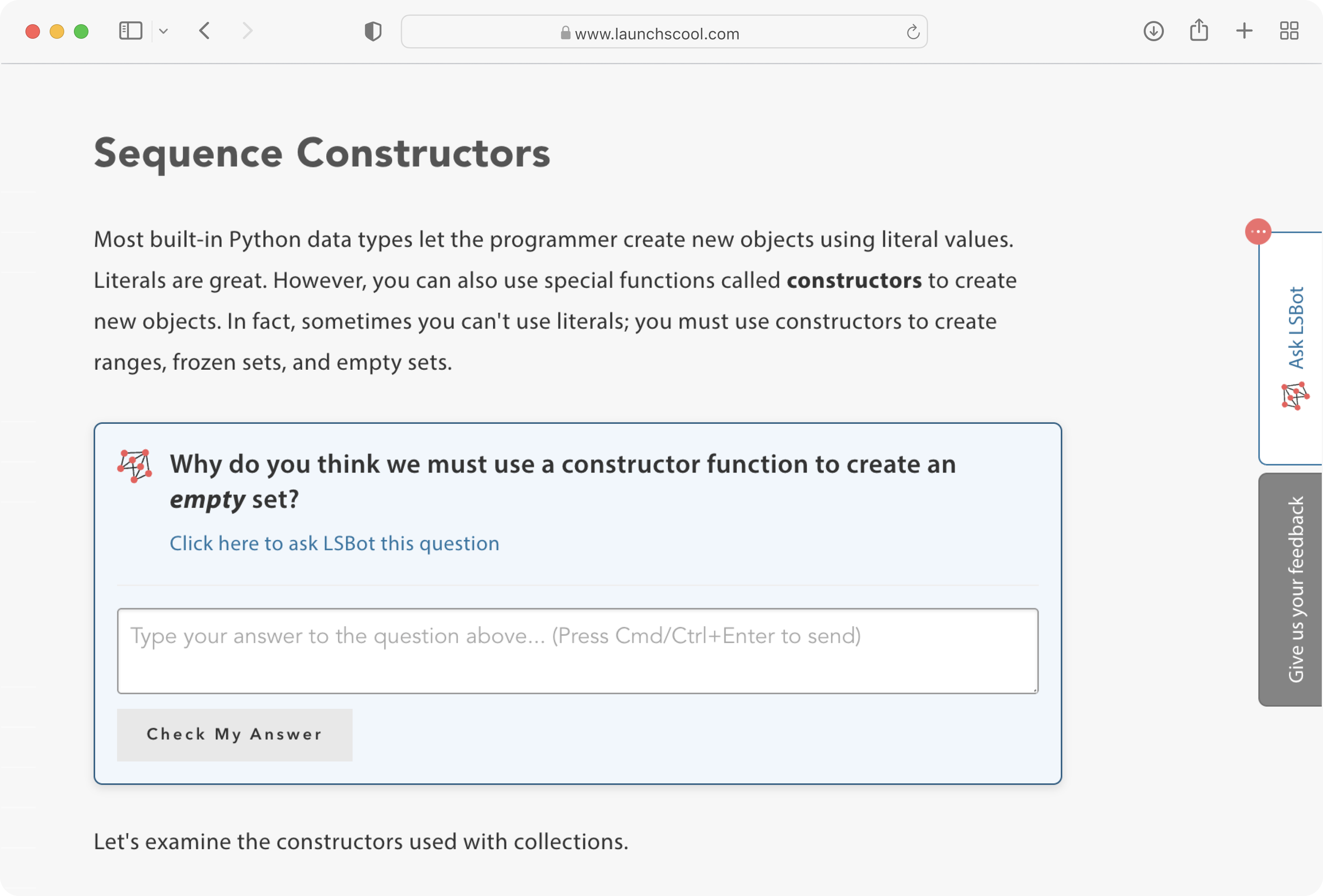 Webpage titled 'Sequence Constructors' explaining how Python data types use constructors to create objects like empty sets, with an interactive LSBot question and answer box.