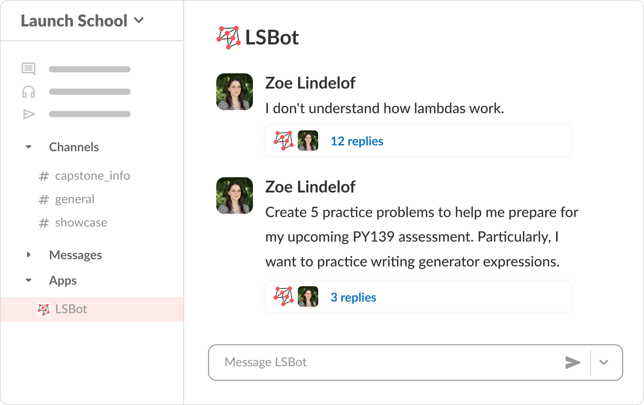 Slack interface showing LSBot chat with Zoe Lindelof asking about lambdas and requesting 5 practice problems for PY139 assessment on generator expressions.