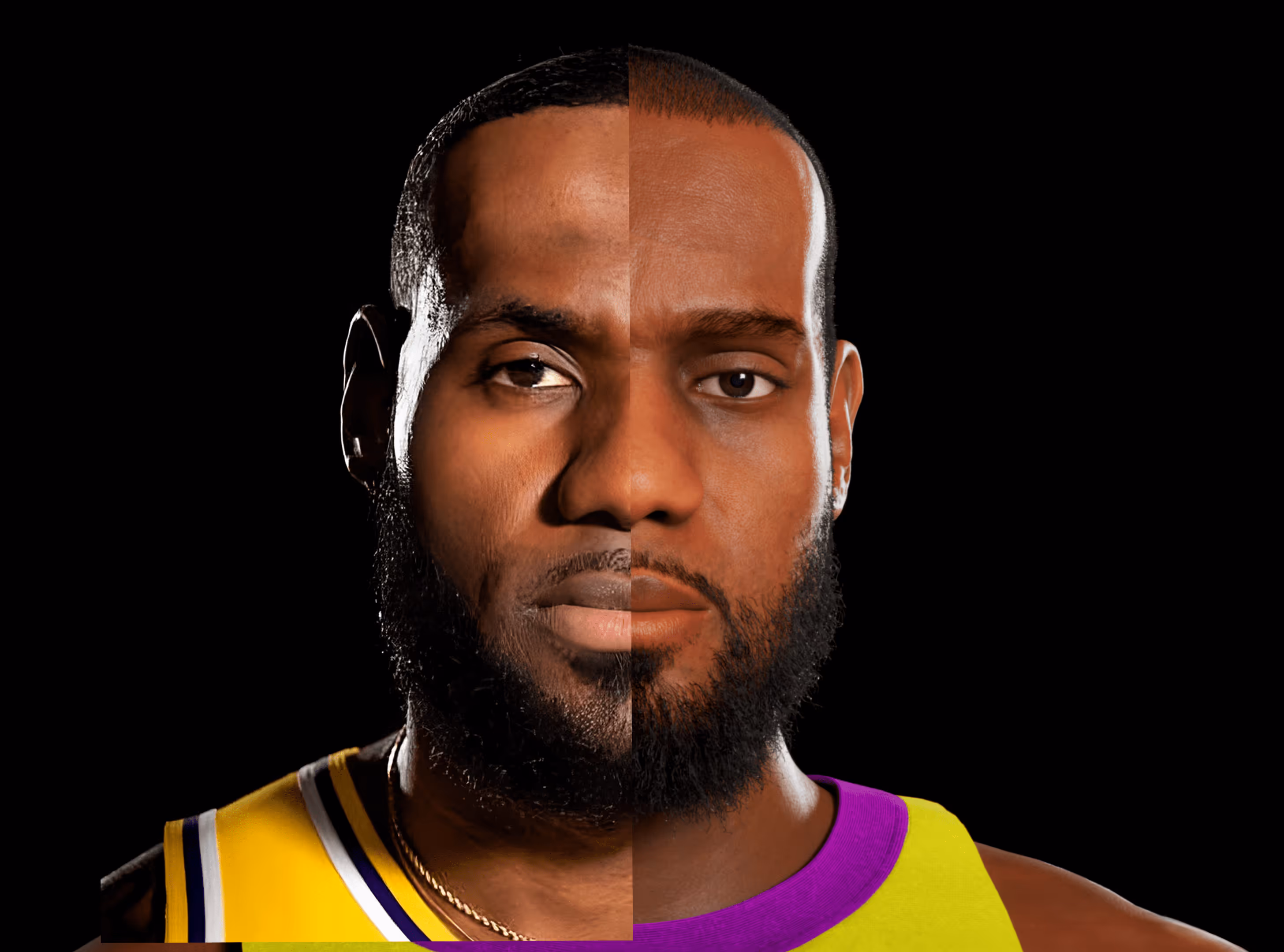 a comparison of Lebron James with a CGI character