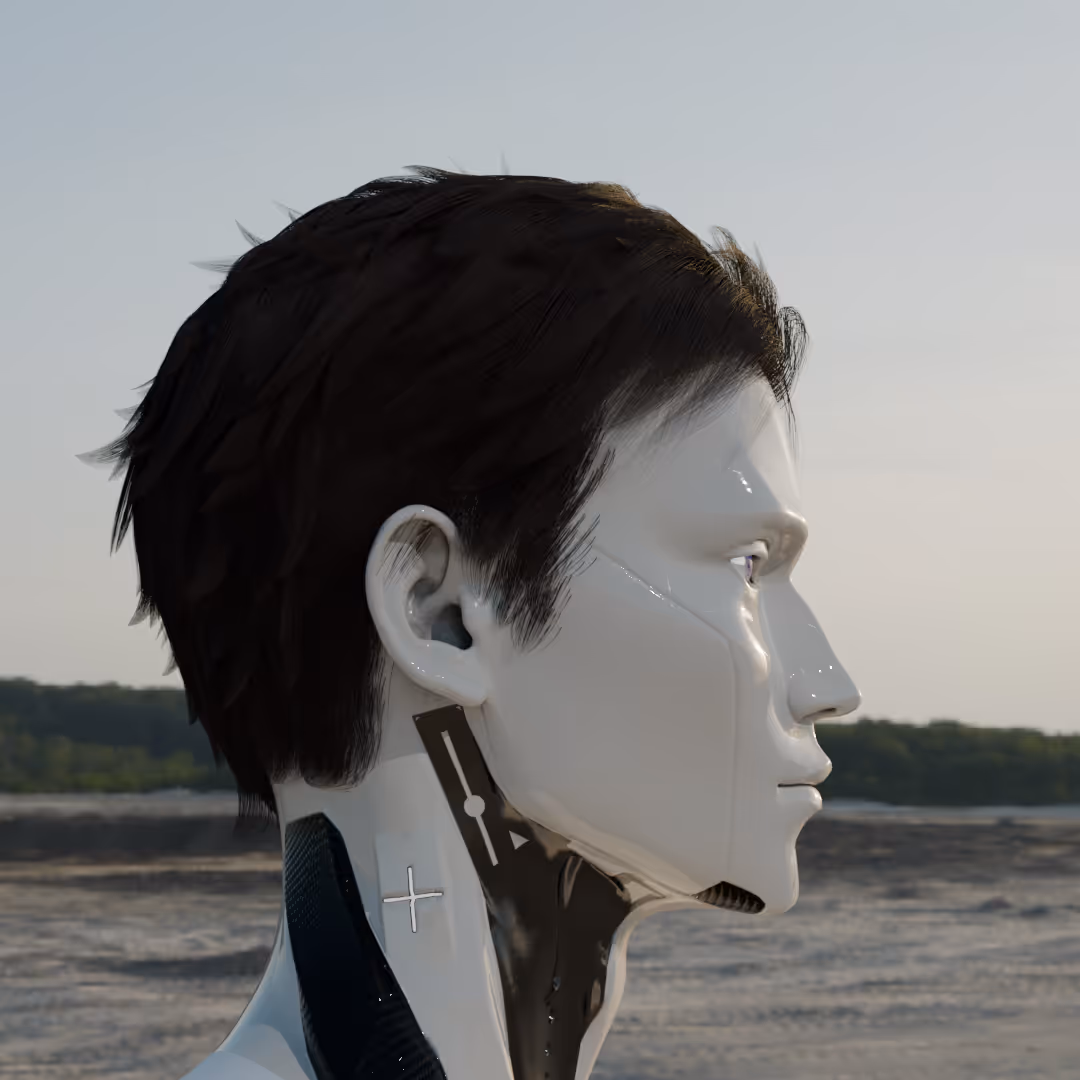 Side profile of a futuristic humanoid robot with dark hair and exposed mechanical neck components in an outdoor setting.
