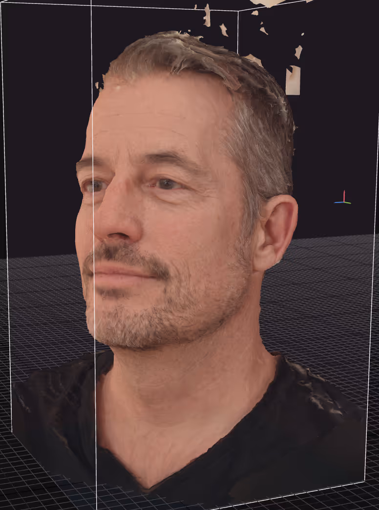 3D rendered bust of a middle-aged man with short black gray hair and light beard, viewed from the side in a digital grid environment.