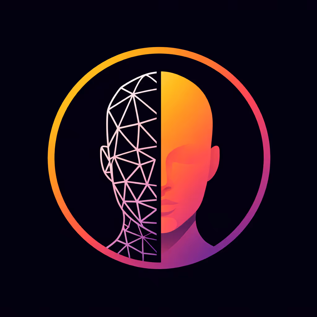 3D Character Icon of a human head split in half with one side showing a geometric wireframe and the other a smooth gradient face inside a circular border.