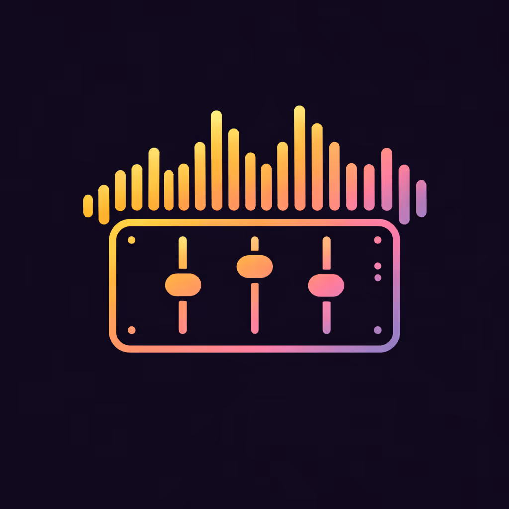 Sound Design Icon, Colorful sound mixing console with three sliders below an audio equalizer waveform on a dark background.