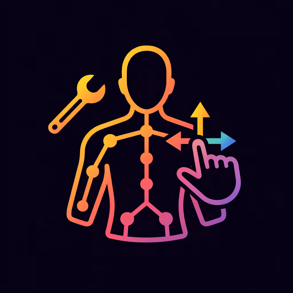 Rigging Icon of a human figure with joint nodes, a wrench symbol, and a hand cursor with arrows pointing in three directions.
