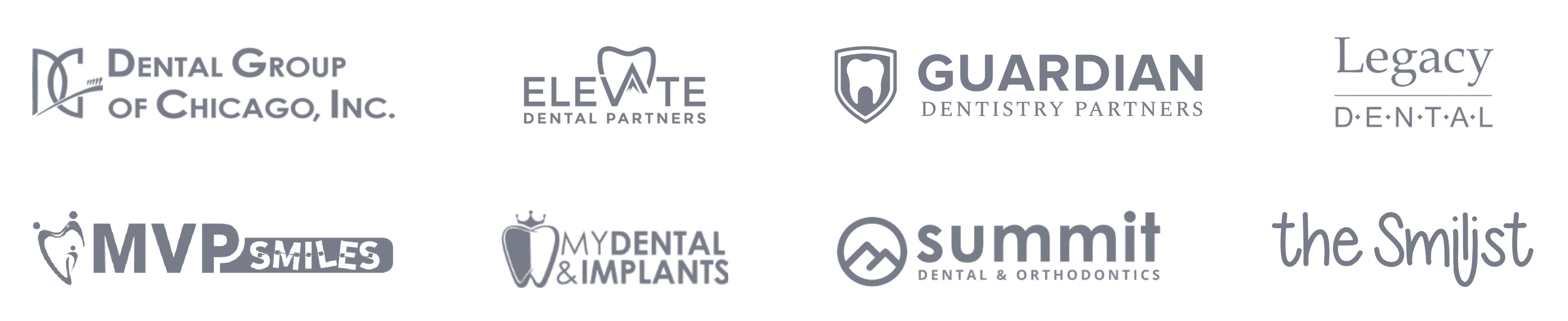 Pearly Customer Logos: Dental Group of Chicago, Inc., Elevate Dental Partners, Guardian Dentistry Partners, Legacy Dental, MVP Smiles, My Dental & Implants, Summit Dental & Orthodontics, and The Smilist