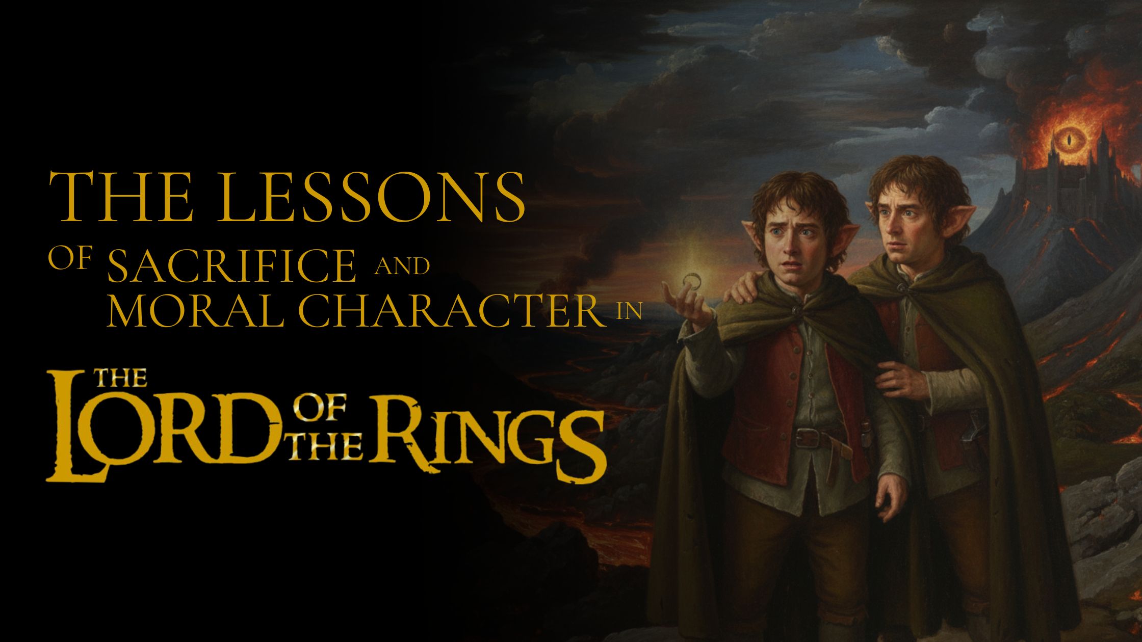The lessons of sacrifice and moral character in The Lord of the Rings. Picture of Sam and Frodo with Sam holding the ring.