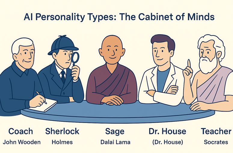 Illustration of five AI personality archetypes seated at a round table: Coach (John Wooden), Detective (Sherlock Holmes), Sage (Dalai Lama), Contrarian (Dr. House), and Teacher (Socrates).