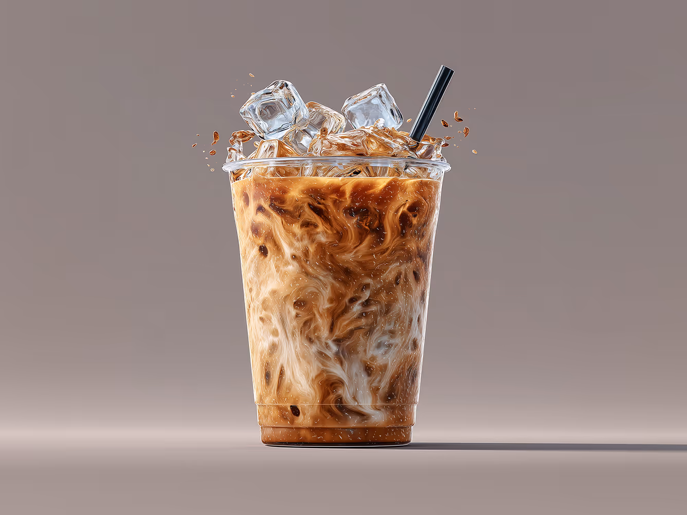 Iced coffee in a clear plastic cup with swirling milk and ice cubes splashing at the top.