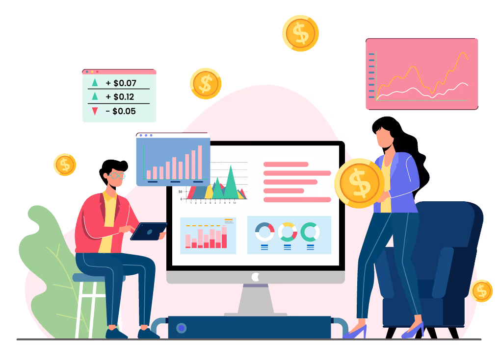 illustration showing people working with data for a data driven compensation strategies