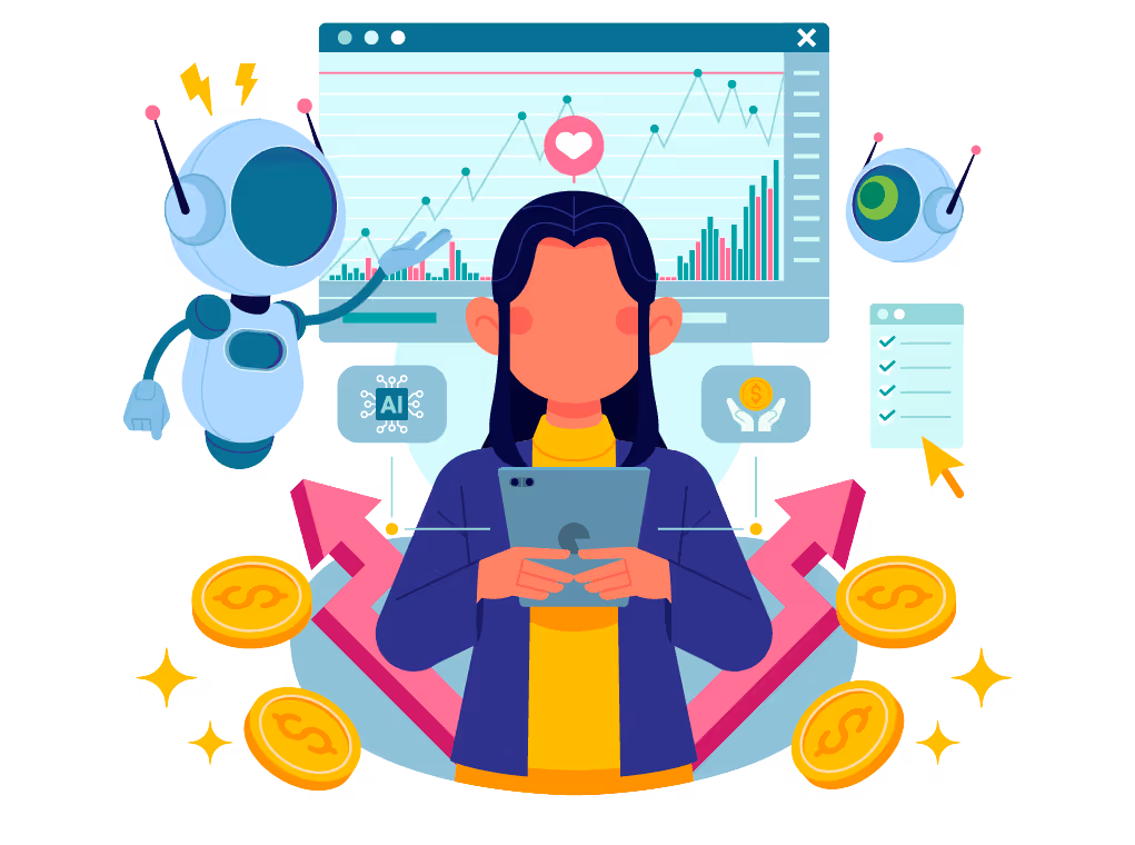 illustration visualizing automation that is connected to a employee through AI and data charts visualization and ai robots