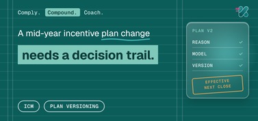 A mid-year incentive plan change needs a decision trail, beside a glass panel showing plan v2 with reason, model and version checked and an effective at next close stamp.