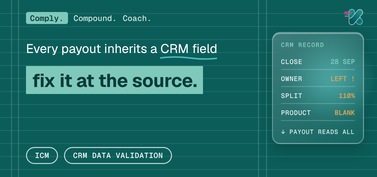Every payout inherits a CRM field, fix it at the source, beside a glass panel showing a CRM record with an owner who left, a split of 110% and a blank product line.