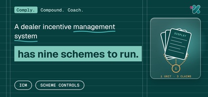 A dealer incentive management system has nine schemes to run, beside a glass panel holding a three by three grid of dealer scheme types with two marked for a missing control.