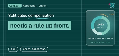 Split sales compensation needs a crediting rule up front, beside a glass panel showing one deal split sixty and forty between two sellers with the total checked at one hundred percent.