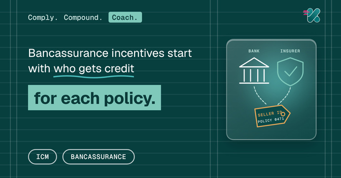 Bancassurance incentive management starts with who gets credit, beside a glass panel showing one policy credited across branch staff, the bank's insurance desk and the insurer's relationship manager.