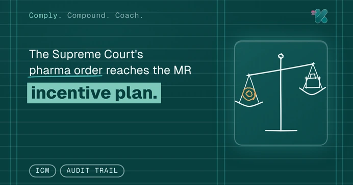 The Supreme Court's pharma order reaches the MR incentive plan, beside a teal glass panel with hand-drawn scales tipped by an amber target on one pan against a medical representative's bag on the other.