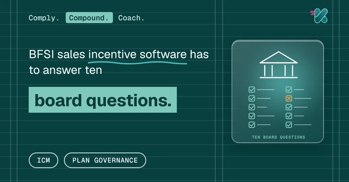 BFSI sales incentive software has to answer ten board questions, beside a glass panel showing a bank building with a checklist of ten ticks and one marked in amber.