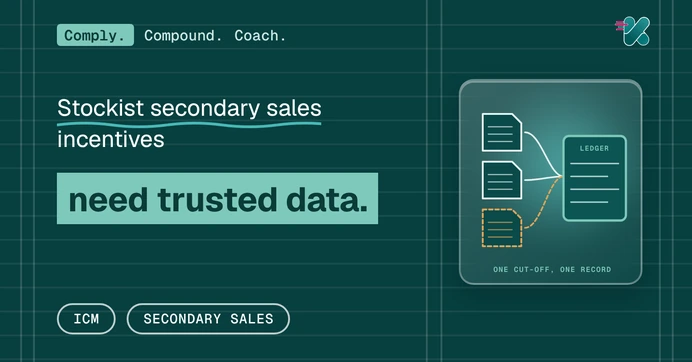 A stockist secondary sales incentive needs data all sides trust, beside a glass panel showing three stockist files flowing into one ledger, with one late file marked in amber.