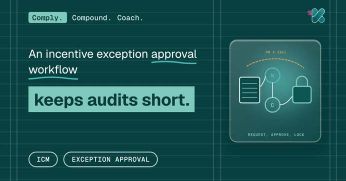 An incentive exception approval workflow keeps audits short, beside a glass panel showing an adjustment slip passing a maker stamp and a checker stamp into a locked ledger.