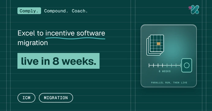 Excel to incentive software migration can go live in 8 weeks, beside a glass panel showing a stack of spreadsheets moving along an eight-week track into one engine, with one broken cell marked in amber.