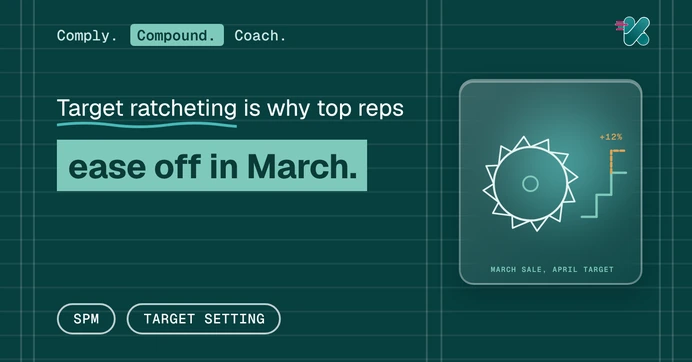Target ratcheting is why strong performers ease off in March, beside a glass panel showing a ratchet wheel turning a March sale into a higher April target, with the extra step marked in amber.