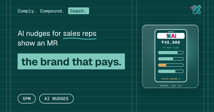 AI nudges for sales reps tell an MR which brand closes the gap, beside a phone screen showing a medical representative's month with ₹48,000 left to the next slab and one focus brand marked in amber.