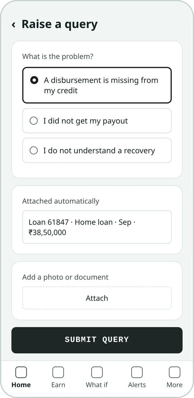 Kennect app screen for raising a query about a disbursement missing from the RM's credit, with home loan 61847 for ₹38,50,000 attached automatically. Sample data.