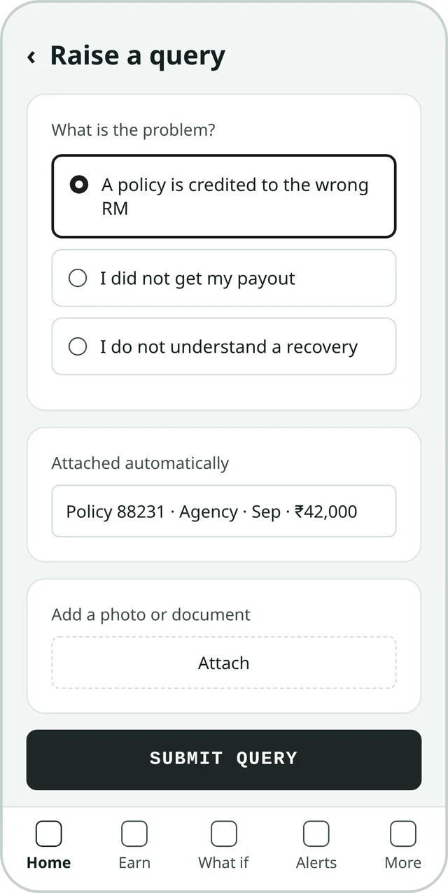 Kennect app screen for raising a query about a policy credited to the wrong RM, with the policy record attached automatically. Sample data.