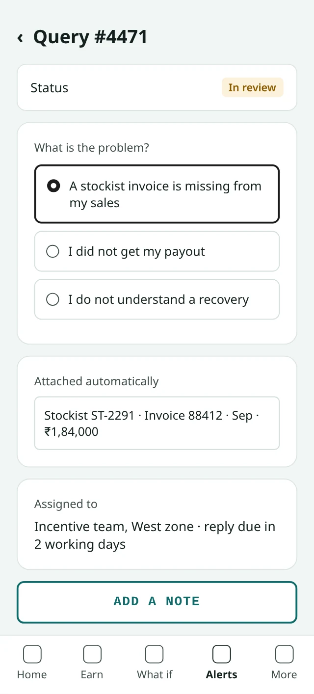 Kennect raise a query screen with a missing stockist invoice of ₹1,84,000 attached and status in review. Sample data.