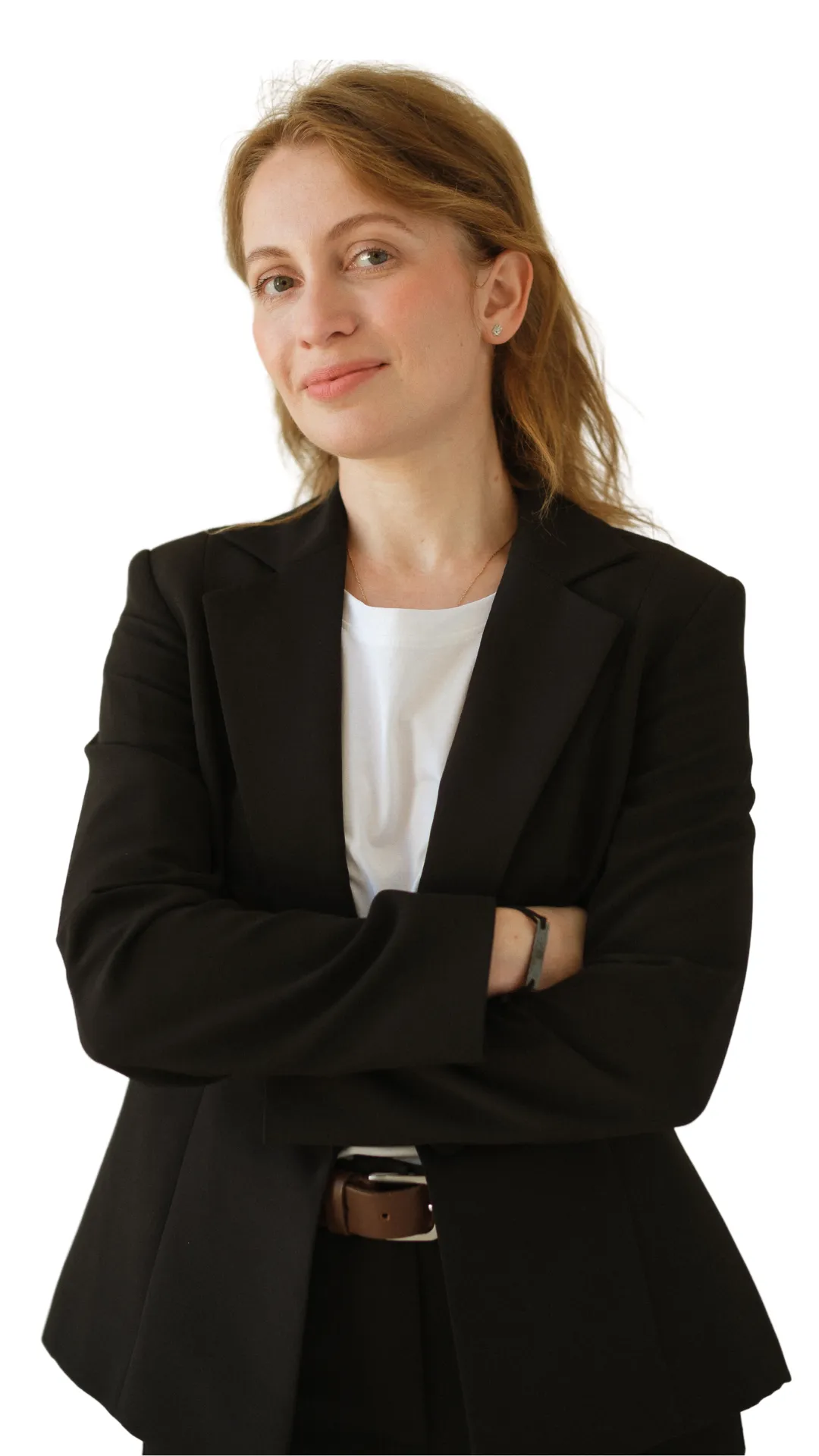 A woman in a black jacket and white shirt.