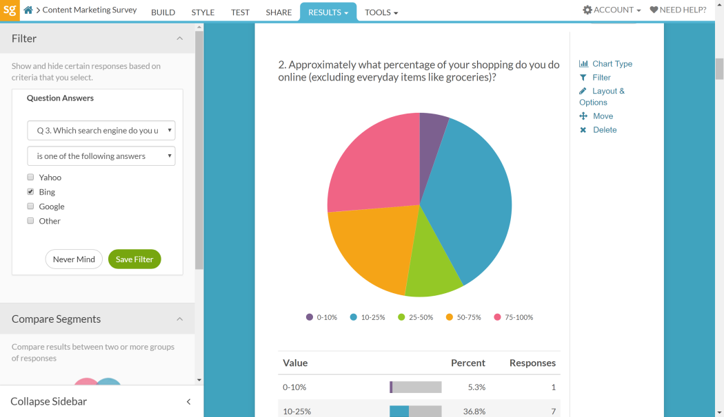 Alchemer analytics dashboard showing response distribution, charts and cross-tab views