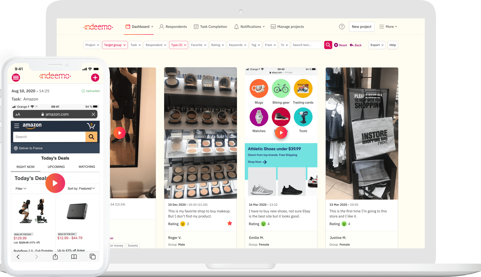 Indeemo dashboard showing mobile app and web board views of respondent image and video submissions