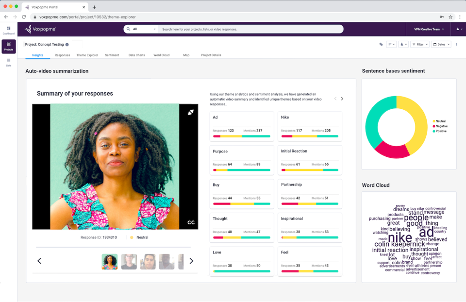 Voxpopme video insights platform showing transcript, clip reel and theme tagging