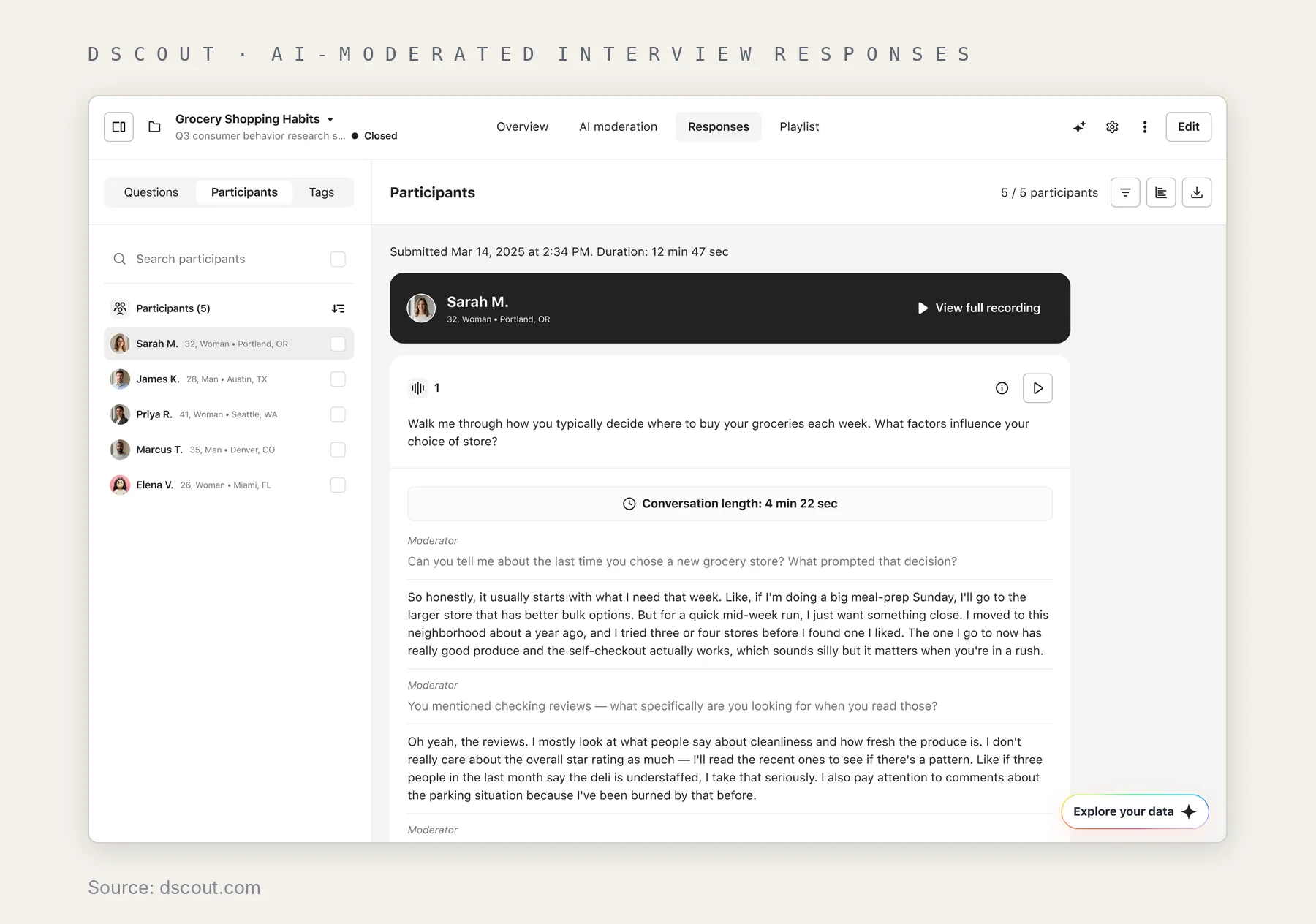 Dscout AI-moderated interview responses with participant list, recording and transcript