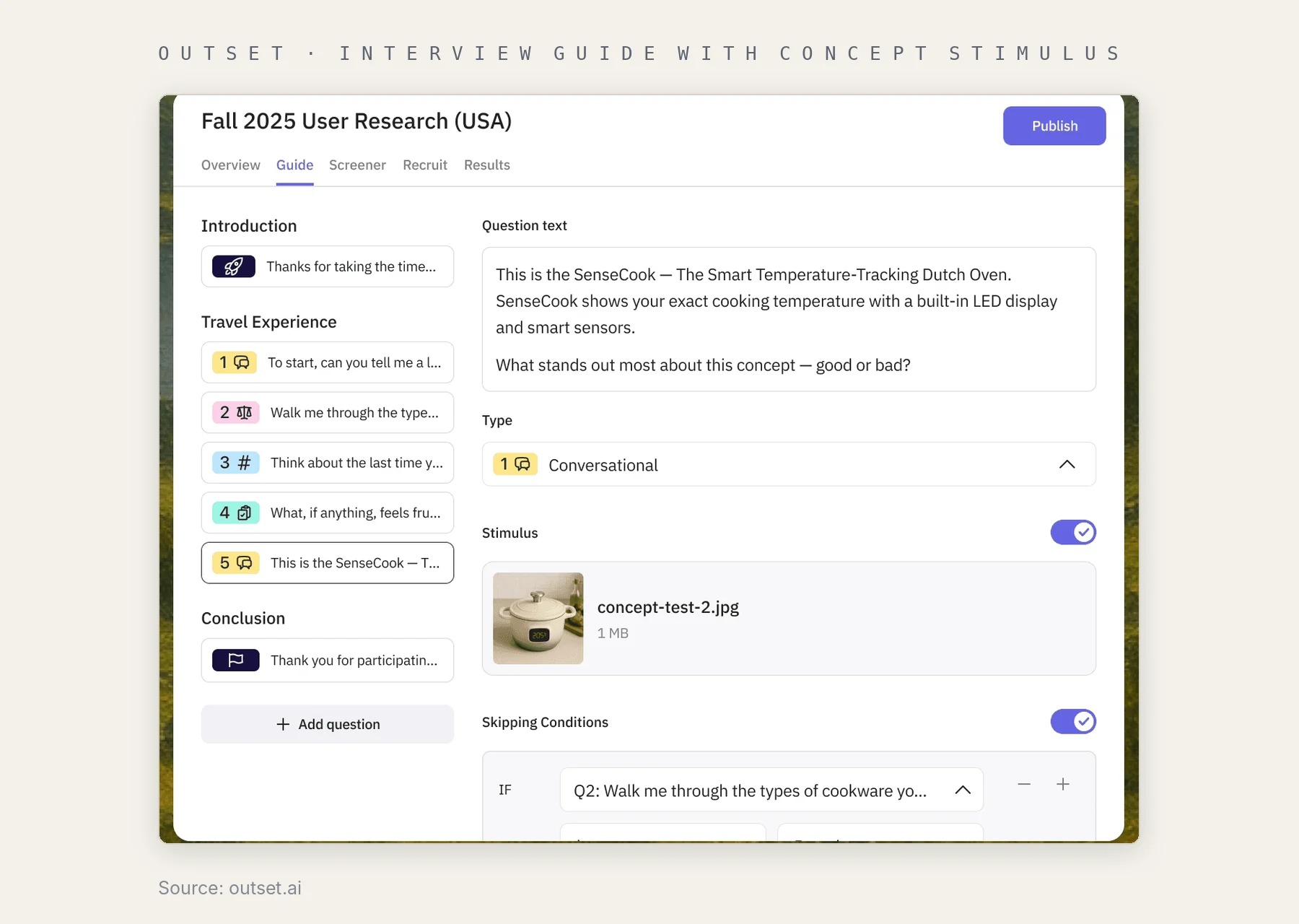 Outset interview guide editor with a question list, a concept stimulus image and skip logic