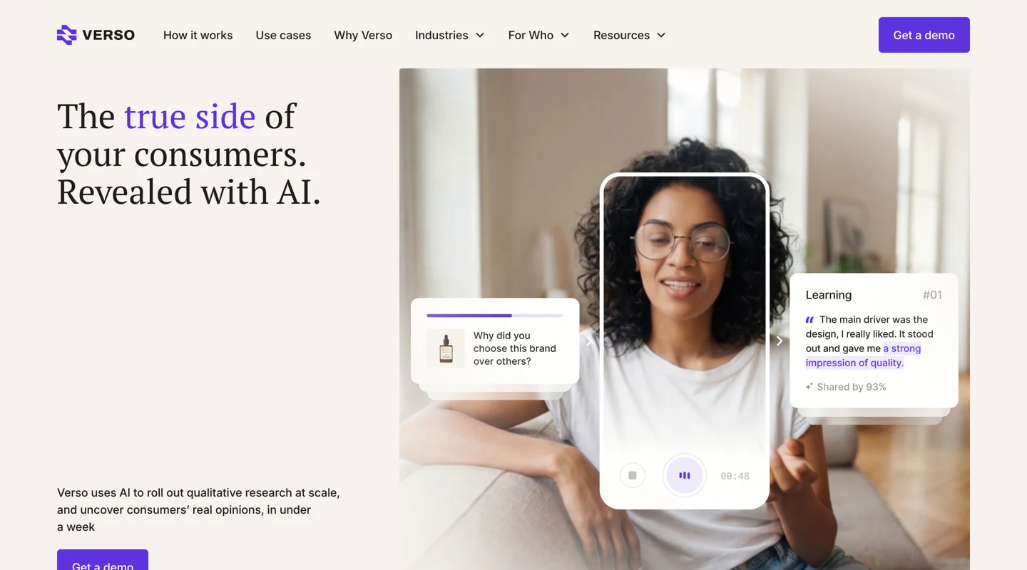 Verso AI-moderated video interview platform homepage